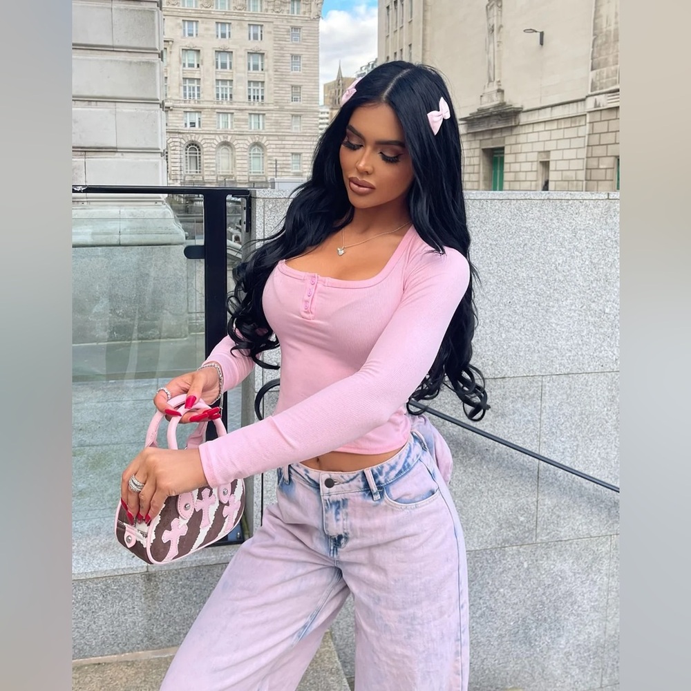 Fashion Nova Bright Pink Henley Button Up Long Sleeve Ribbed Top